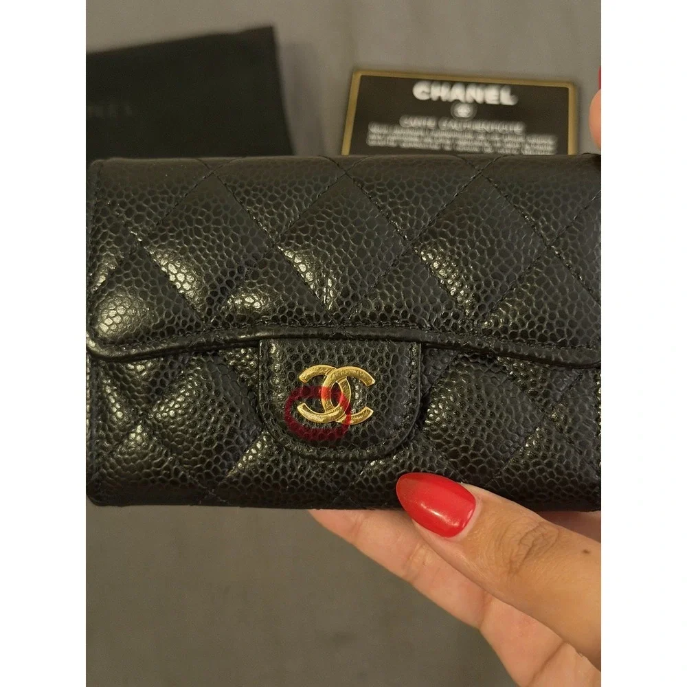 CHANEL Caviar Quilted Flap Card Holder Wallet Black Gold CC